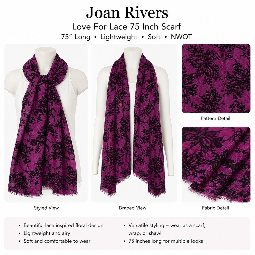Joan Rivers Love For Lace 75 Inch Scarf Purple Black Floral Rayon Fringe Wrap